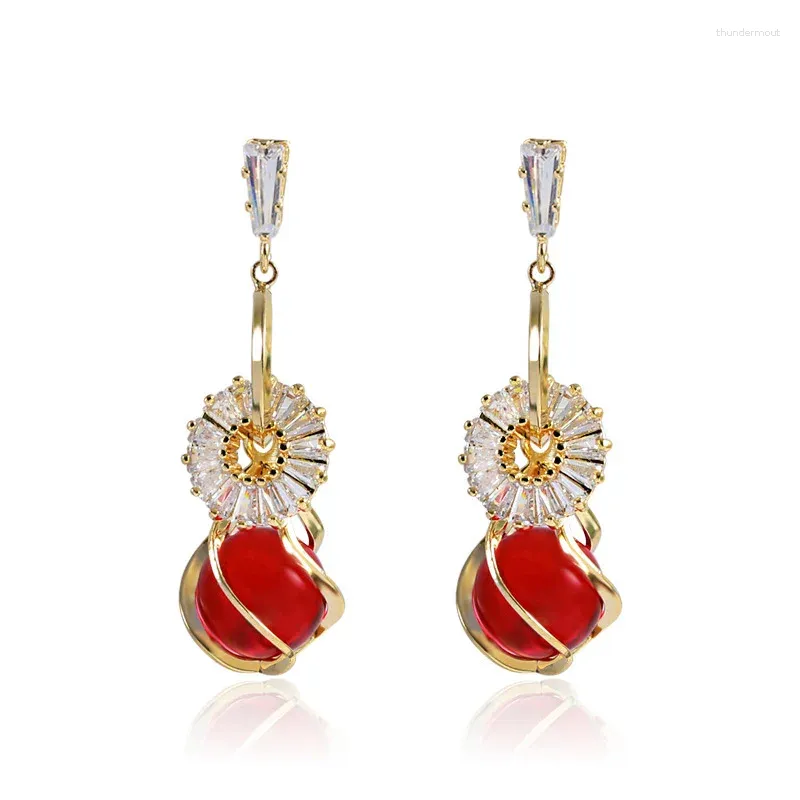 Dangle Earrings 2023 Fashion Temperament Red White Opal Hollow For Women Dainty Round Rhinestone Long Dangler Jewelry LE1491