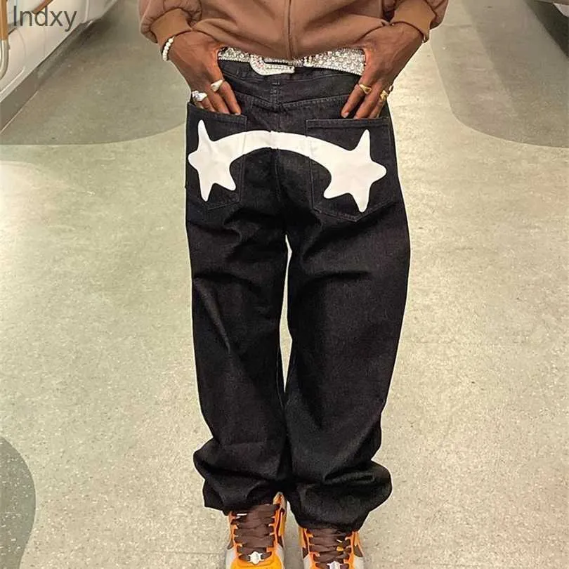 Men's Jeans Mens Jeans Baggy Jeans Men Y2K Fashion Designer Black Star Printed Trousers Bottoms Streetwear Casual Low Waist Loose Straight Denim Pants 220831