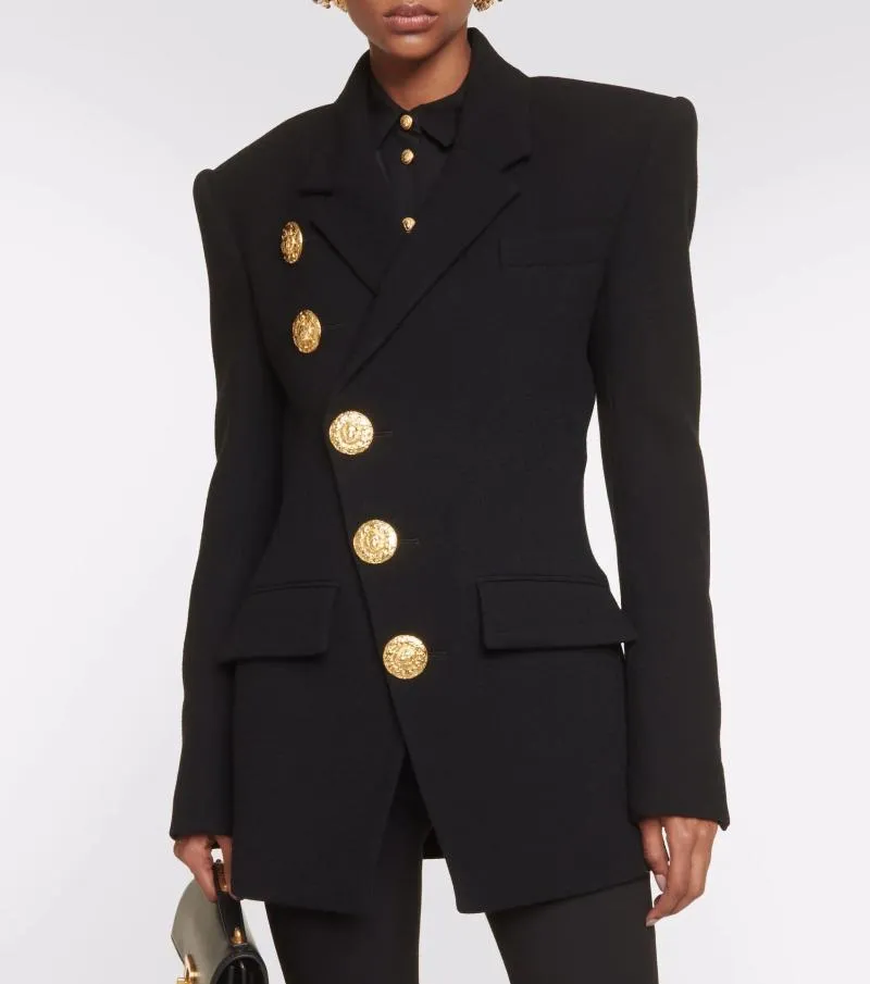 Women's Suits European Style 2023 Autumn Winter Classic Black Blazer Long Sleeve Fashion Gold Button Slim Wool Women Jacket