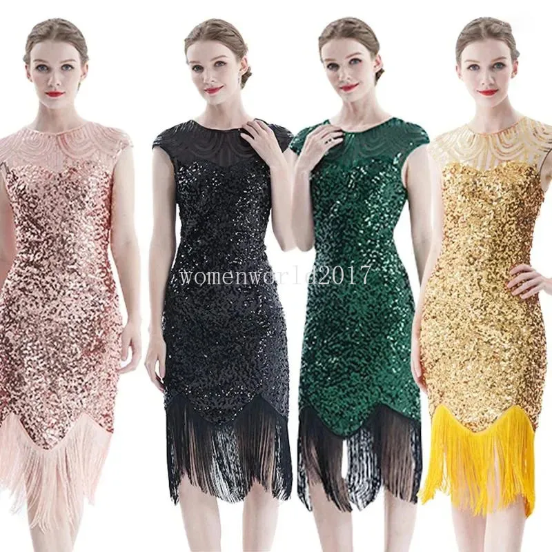 Vestidos casuales 1920s Vintage Flapper Great Gatsby Vestido de fiesta O-cuello Sin mangas Lentejuelas Estilo con cuentas Borla Vestidos Feminina