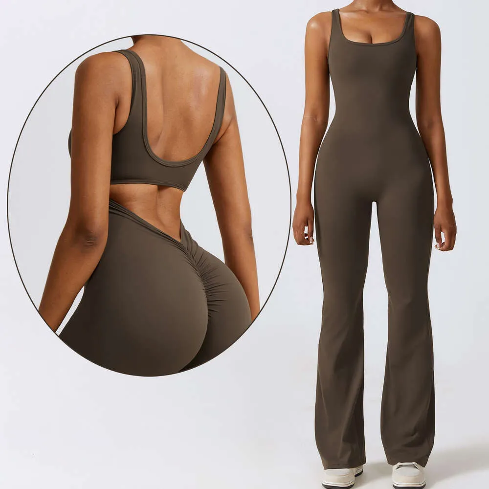 Lu Align Lu Yoga Jumpsuit Dames Vrouw U-rug uitgeholde uitsparing Mouwloos samenperst Butt Lift Dansende bodysuit Gewatteerde lange lengte uitlopende jumpsuit