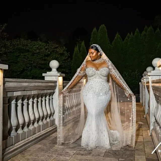 2023 Oct Arabic Aso Ebi Plus Size Ivory Mermaid Wedding Dress Beaded Crystals Lace Bridal Gowns Dresses ZJ608