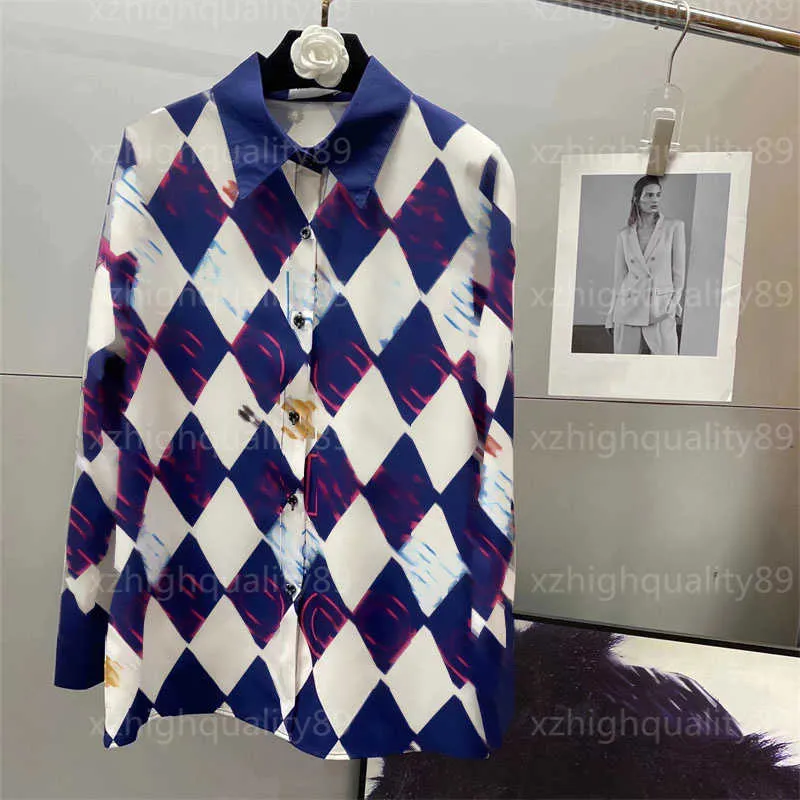 Spring Autumn Damskie koszulę mody Kobiety projektowanie poczuć litera Diamentowa szachownica koszula z długim rękawem klapy