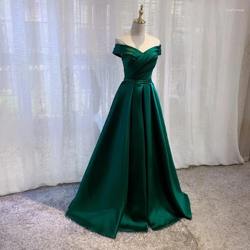 Dark Green Evening popular Dress Off Shoulder Dress Big Bow Green Party Satin Dress