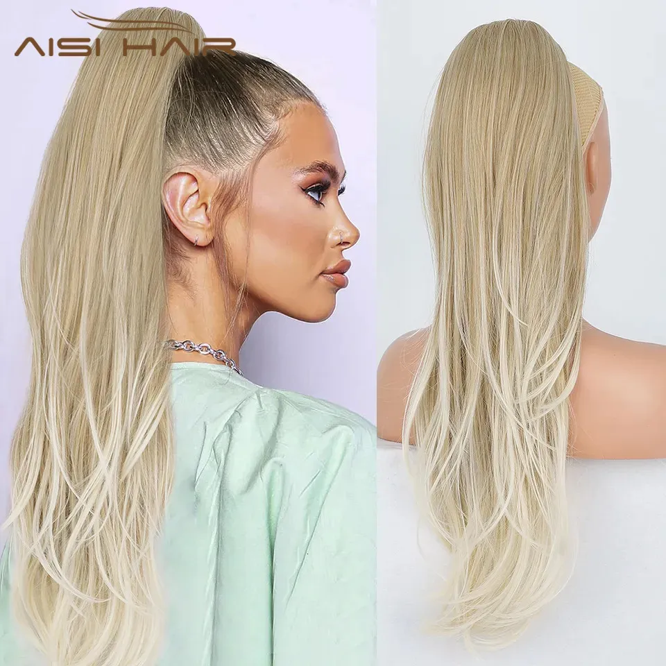 Synthetische Perücken AISI HAIR Synthetik Langer gewellter Schwanz Ombre Platinum Kordelzug Gerader Schwanz für Frauen Hitzebeständiges Haar 231020