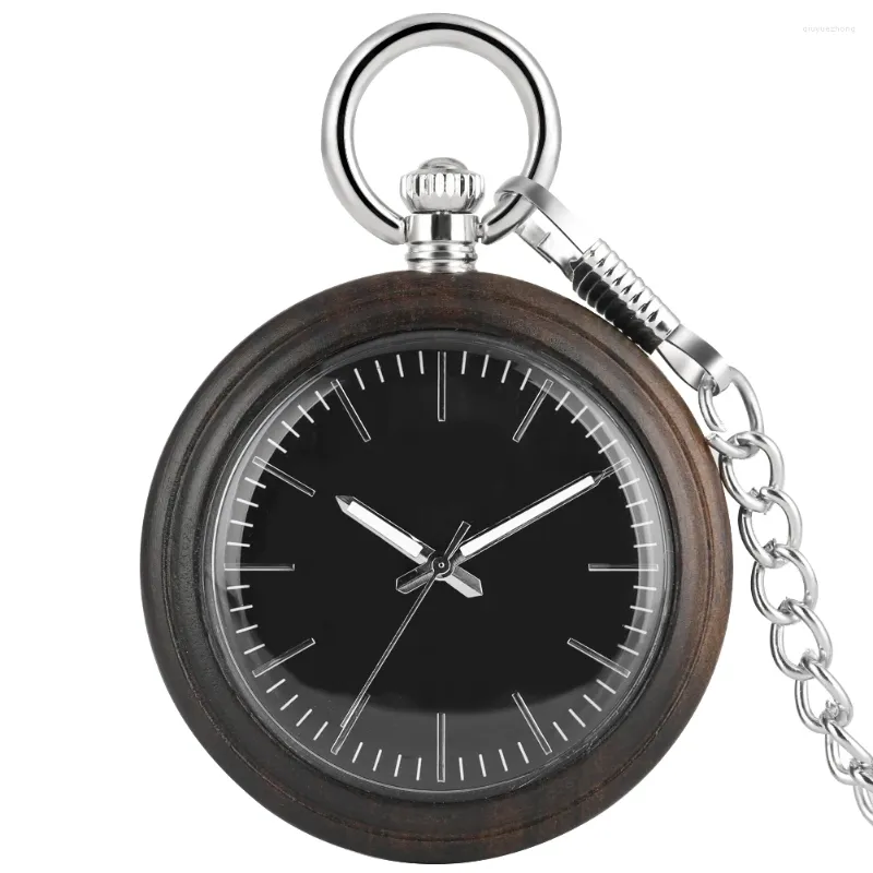 Taschenuhren Ebenholz Großes Zifferblatt Uhr Männer Ausgezeichnete Schwarze Holzlegierung Raue Kette Anhänger Halskette Geschenk Reloj De Bolsillo Mujer