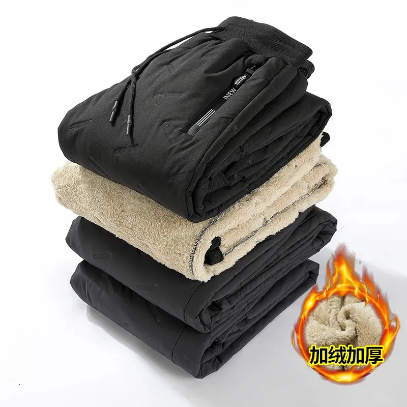 Calças masculinas inverno zip bolsos engrossar velo sweatpants homens corredores preto cinza para baixo algodão quente masculino à prova de água calças térmicas 5xl 231020