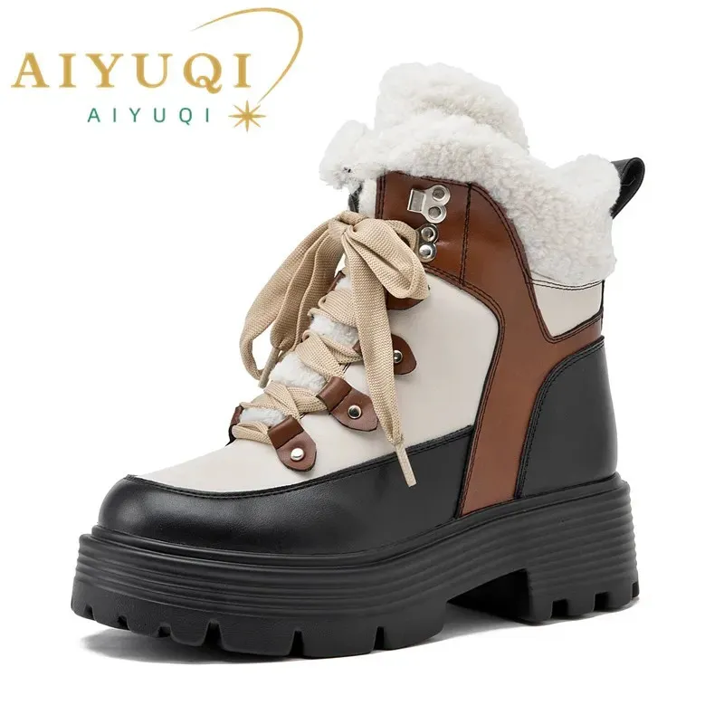 Boots AIYUQI Women Snow Boots Genuine Leather Platform Winter Women Ankle Boots Large Size Warm Lace-up Women Marton Booties 231019