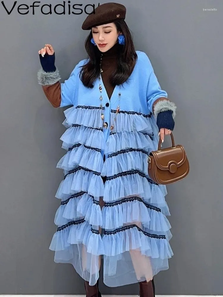 Casual Dresses Vefadisa 2023 Autumn Winter Women Splice Mesh Edge Dress Fashion Personaled Women's Wear Sweater ZY2691