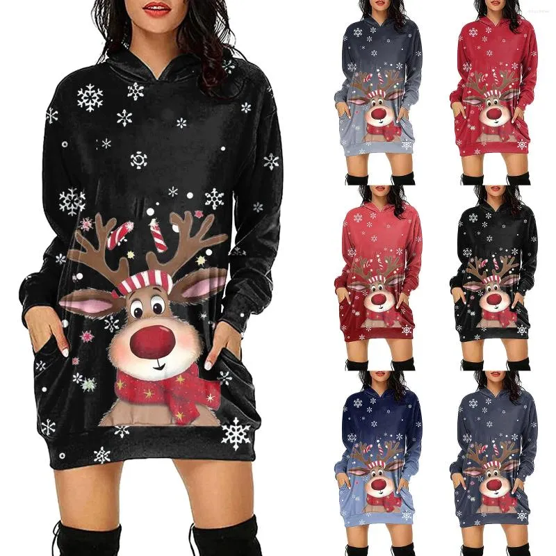 Sukienki swobodne kobiety długie jesień i zimowe rękawy pullover bluza świąteczna świąteczna kieszonkowa kieszeń ropa mujer kawaii