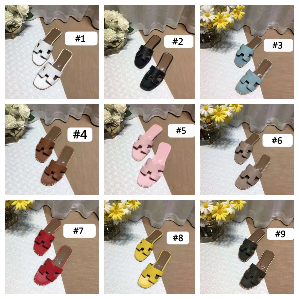 Mode Luxus klassische flache Hausschuhe mit Buchstaben Strand Hausschuhe Sandalen Slides Damen Sommer Casual flaches Leder solide Home Mlues Schuhe Damen Sandalen YQ1229A