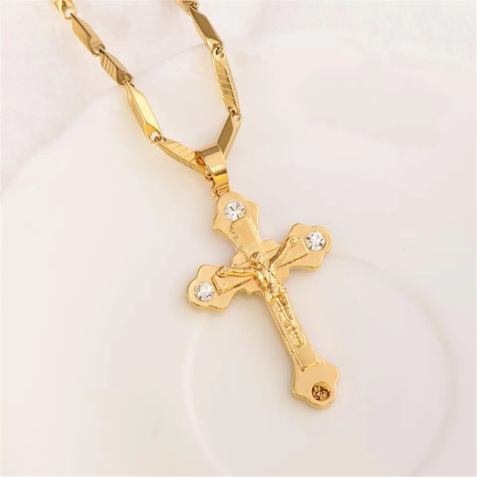 18 K Solid Fine Yellow Gold Cross Wiselant CZ Charms Lines Naszyjnik Chrześcijańska biżuteria Fabryka God Prezent284Q