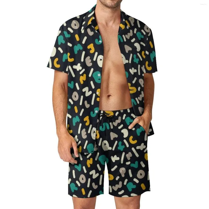 Tute da uomo Lettere astratte Set da uomo Stampa di parole casuali Camicia casual Set Pantaloncini da spiaggia Hawaii Abito stampato estivo 2 pezzi di abbigliamento