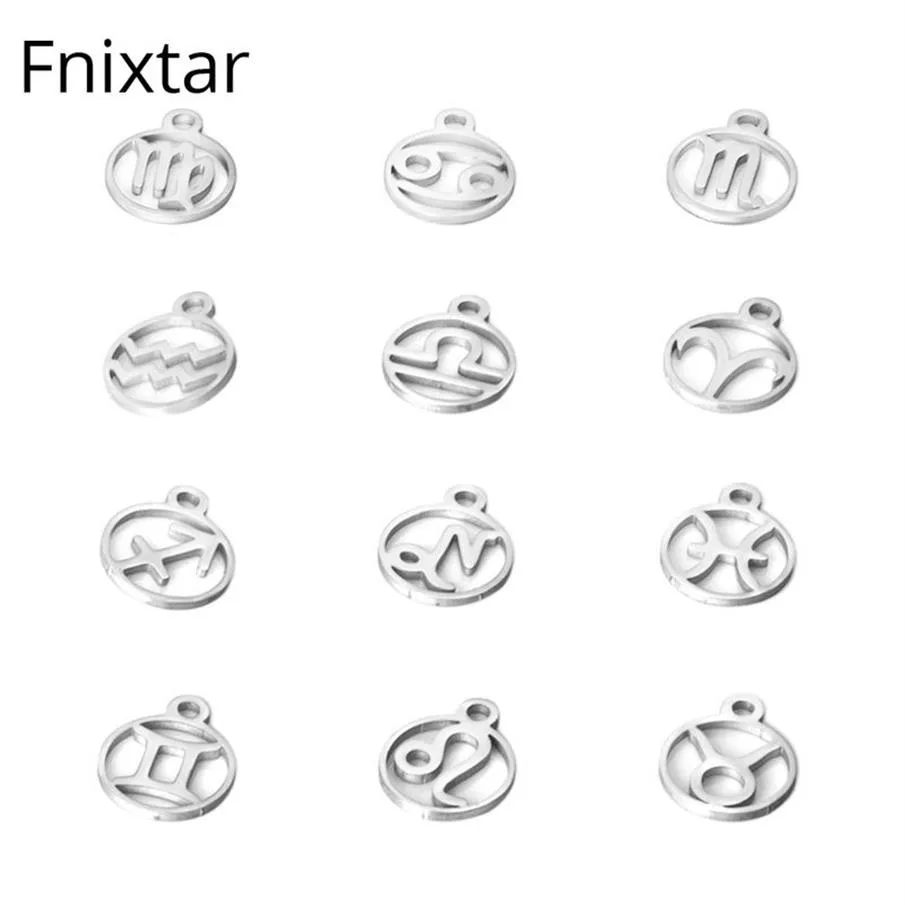 Fnixtar 10 8 13 4 мм Нержавеющая сталь Двенадцать металлических подвесок зодиака DIY Созвездие для женщин Изготовление ювелирных изделий Мини-подвески 12 шт. / лот209G