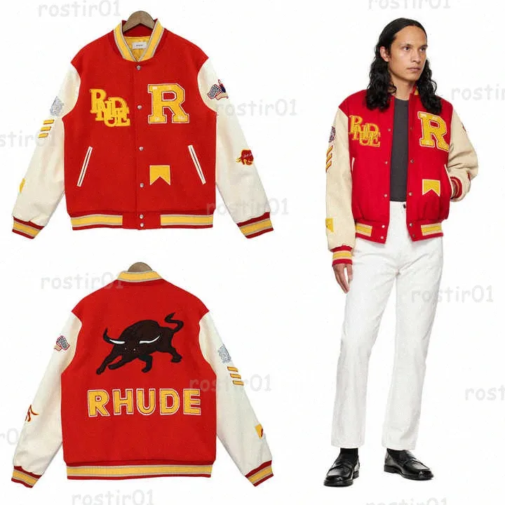 Designers Rhudes red High Street varsity Rhude Basketball puffer jacket Letter Patch Embroidered Letters and Loose Splicing Bomber Jacket hoodie Jacke 05Rh#