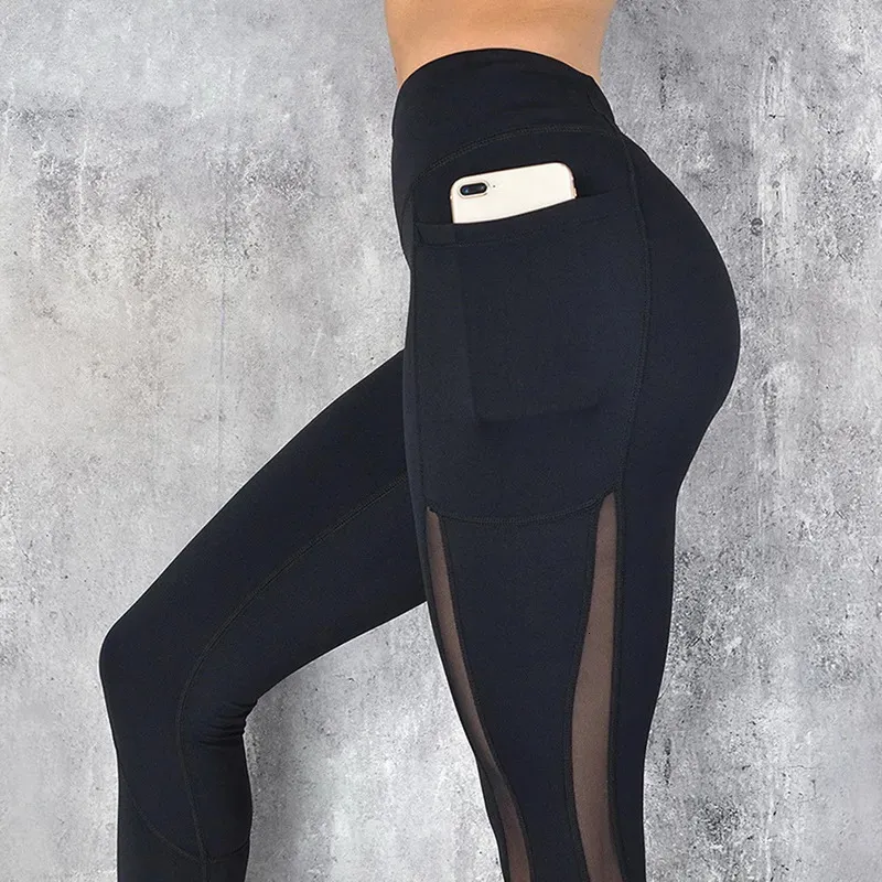 Yoga outfit svart sexiga kvinnor sport leggings telefonficka fitness som kör byxor stretchy sportkläder gym slim byxa 231020