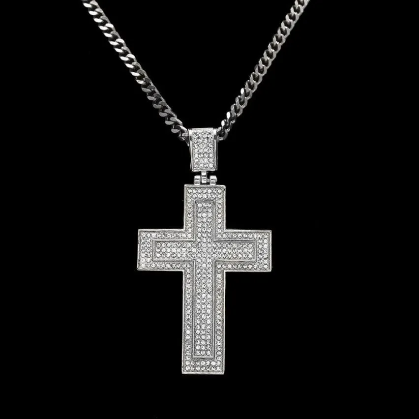 Männer katholischen Silber vergoldet Kreuz Anhänger Halskette Mode Rock Stil Doppel Kruzifix klaren Stein christlichen Schmuck für Frauen 231J