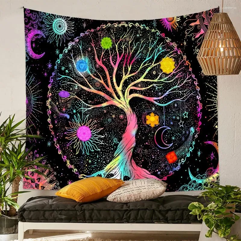 Tapisseries Tree of Life Tapestry för hem Aesthetic Room Decor Sun and Moon Stars Galaxy Wall Hanging Boho Tyg