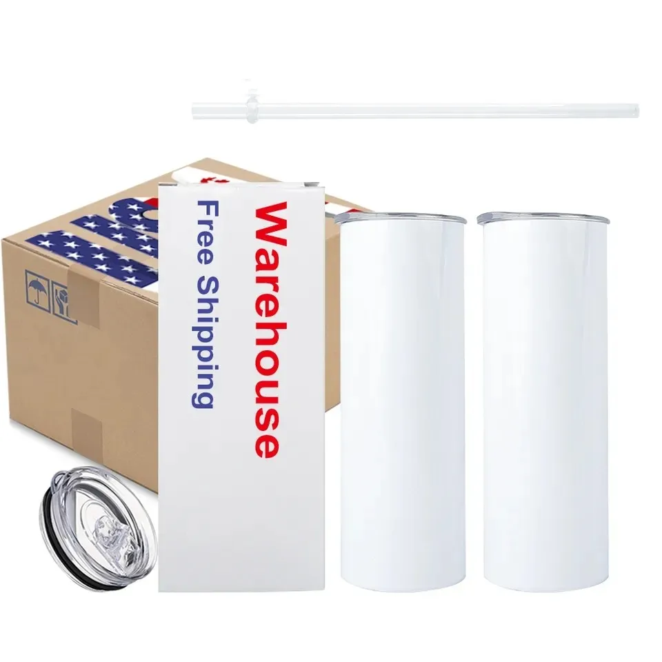 US CA Voorraad 20oz Mokken Sublimatie Blanks Witte Rechte Waterflessen Met Plastic Deksel Stro Thermos Auto Drinkbekers Geïsoleerde tuimelaars