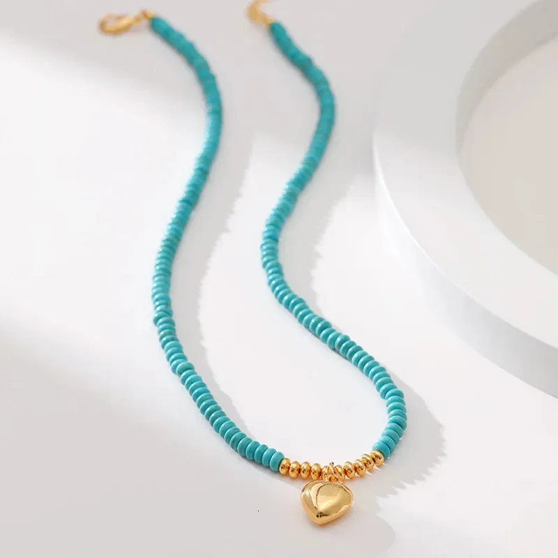 Sautoirs Naturel Pierre Turquoise Collier Bleu Kpop Simple Bijoux Plaqué Or Amour Coeur Charme Bohème Pour L'été Femmes Fille 231020