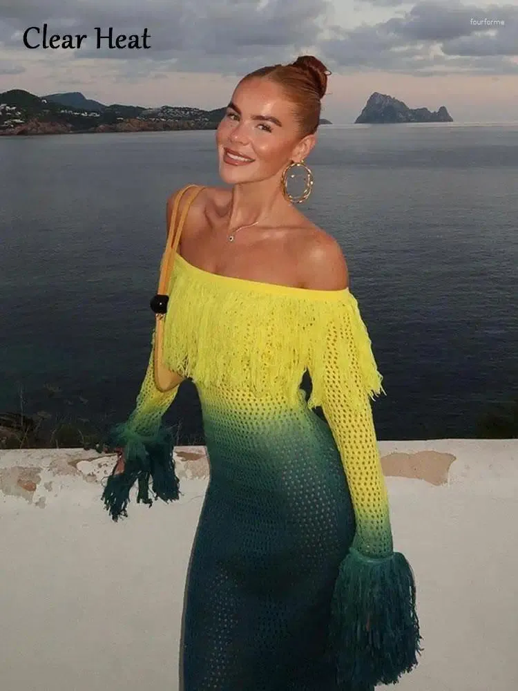 Lässige Kleider Elegante rückenfreie Quasten aus der Schulter gestrickt Maxi Frauen aushöhlen durchschauen langes Kleid Dame Urlaub Vestidos