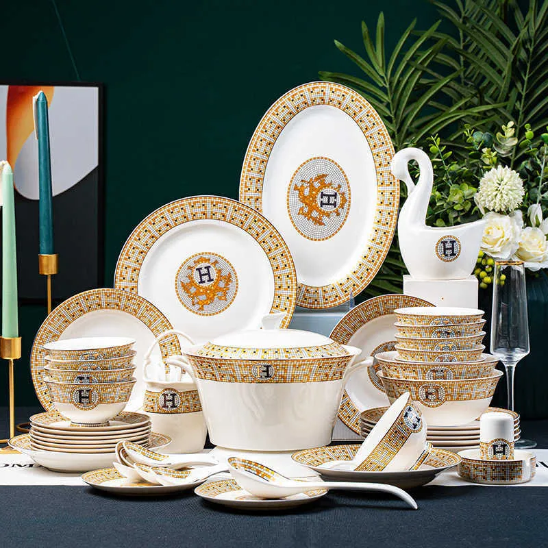 Elegant European Relief Dinnerware Set - Bone China Bowls, Plates ...