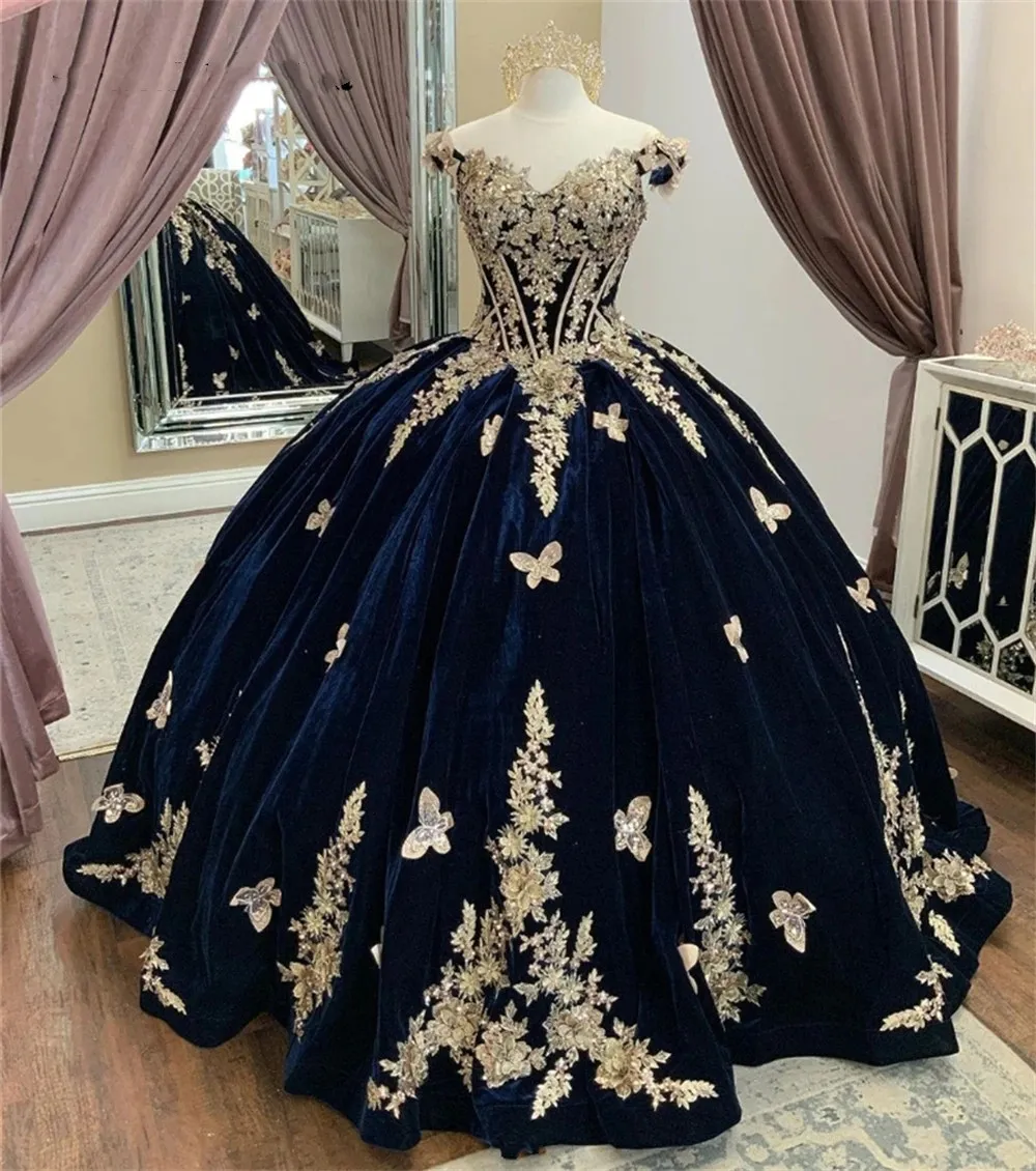 Veet Navy Blue Quinceaneraドレスメキシコの女の子用バタフライボールガウンゴールドアップリケバースデーパーティードレスVestidos de 15 Anos 322