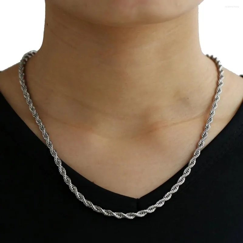 Chaînes Hommes Femmes 4mm Chaîne Corde Argent Couleur Collier En Acier Inoxydable Homard Griffe Fermoir Bijoux De Mode DKN78