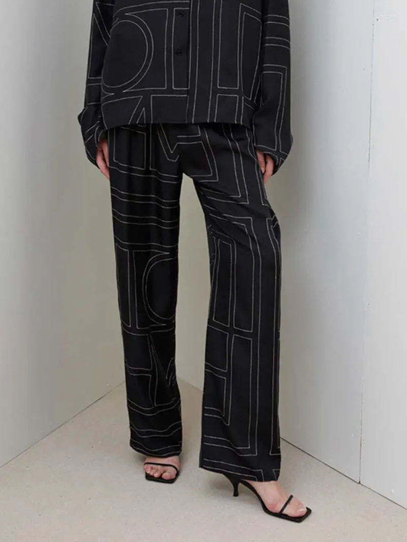 Women's Pants 2023 Summer Female Loose Elastic Waist Wide Leg Long Geometric Striped Print Casual Trousers With Drawstring