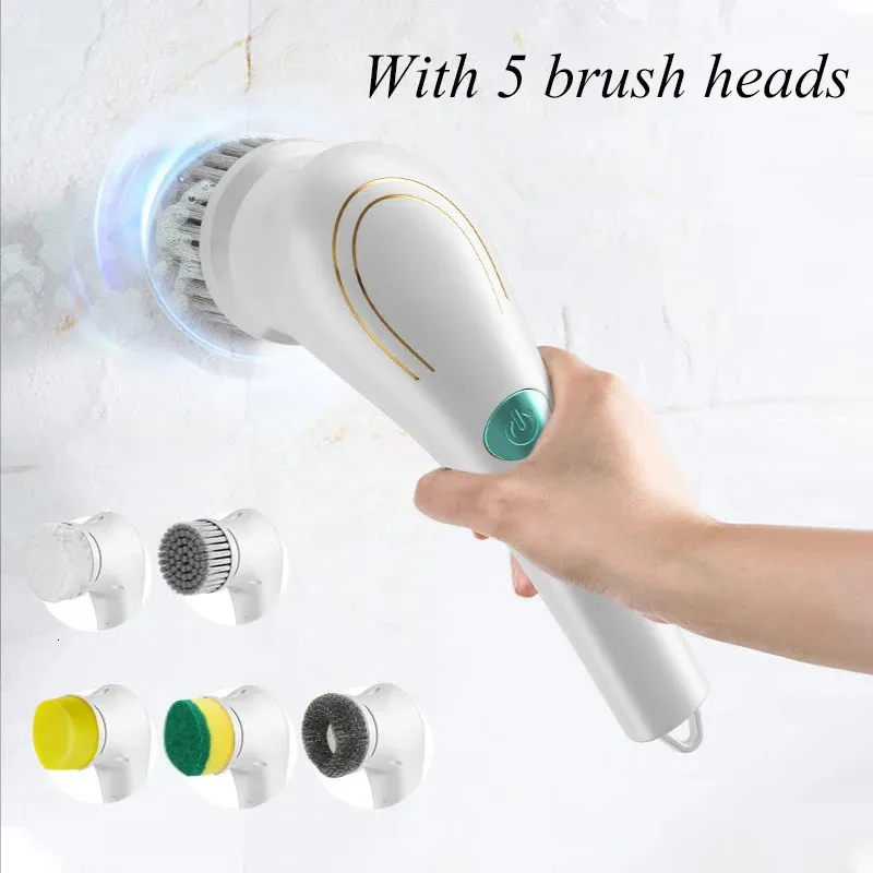 Éponges tampons à récurer 5 en 1 nettoyage électrique multifonctionnel USB brosse de baignoire de cuisine à main vaisselle ménage avec 5 têtes 231019