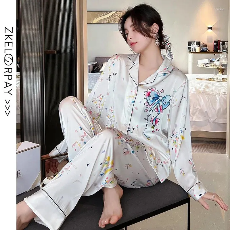 Women's Sleepwear Ice Snow Silk Pajamas Ladies Long Sleeve Cartoon Suit Little Explosive Homewear