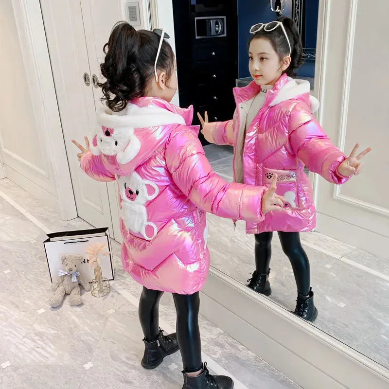 Down Coat 2 4 6 8 Years Girls Long Winter Down Jacket Söta björnrockar för Girls Parkas Fashion Bright Hooded Children Waterproof Outerwear 231020