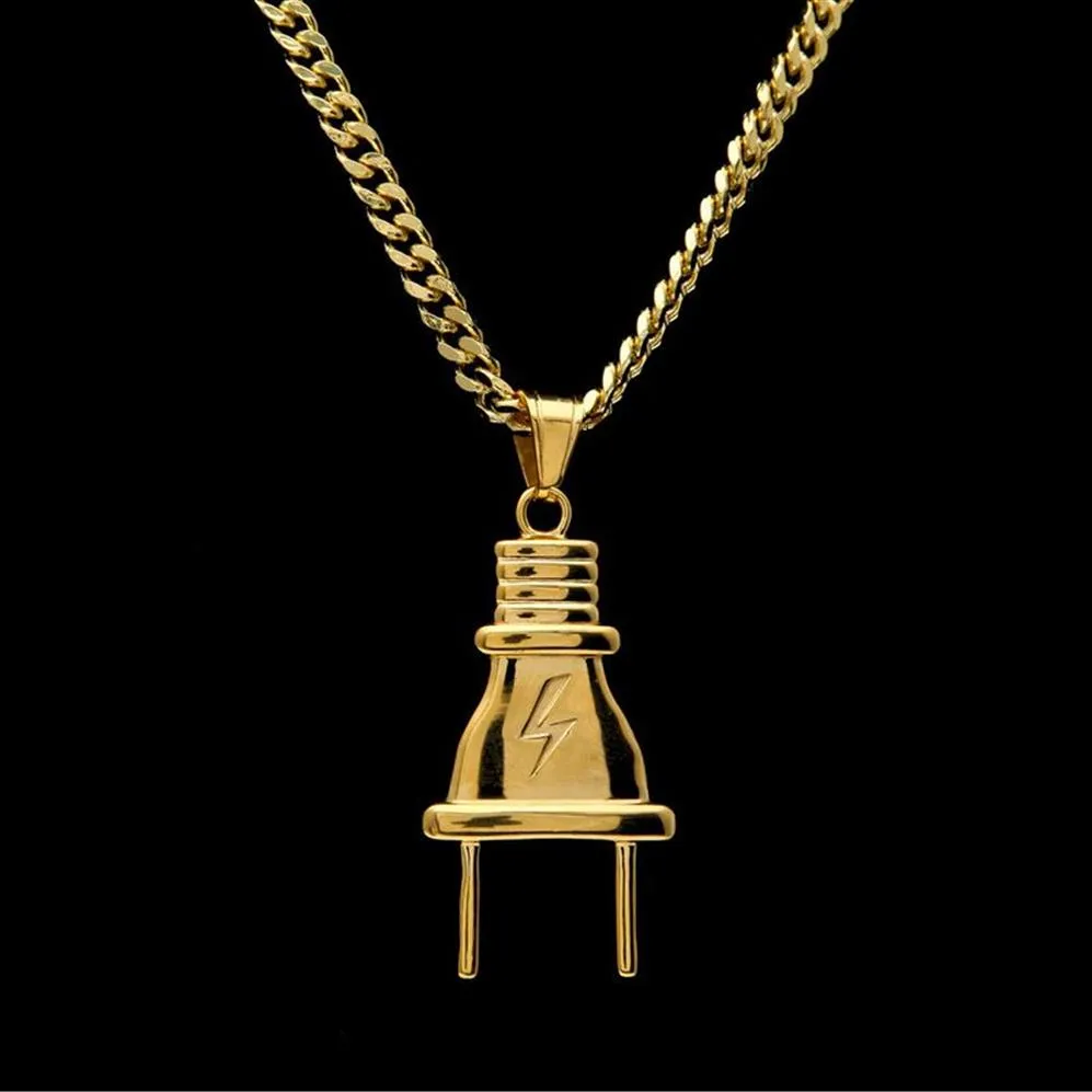 Collier pendentif avec prise d'éclairage Hip Hop pour hommes plaqué or 14 carats avec chaîne à maillons cubains de 70 cm de Long Jewelry235o