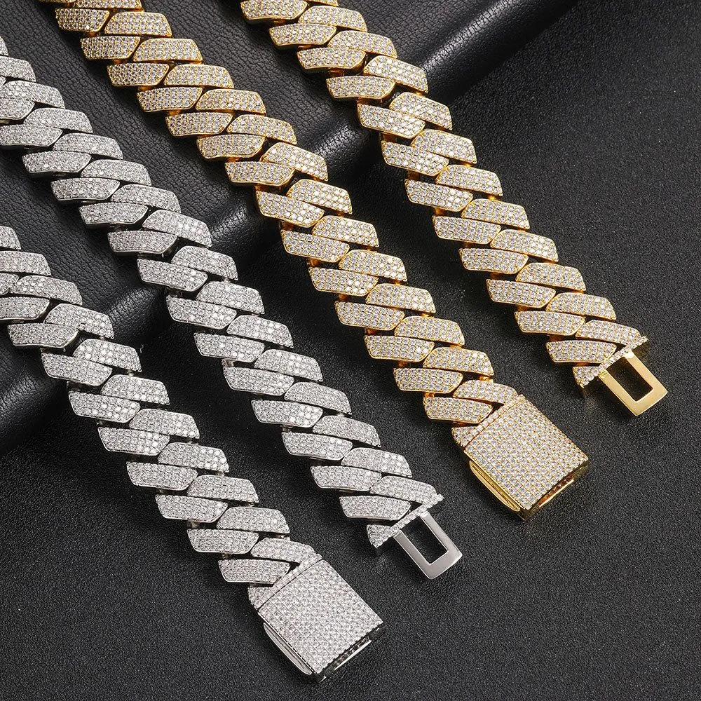 Collier Moisanite Chain Designer Bijoux Chaîne de liaison cubaine pour les hommes en acier inoxydable Gold 20 mm de large 3 rangées Diamond Hip Hop Mens Mens Prong Iced Chains Choker