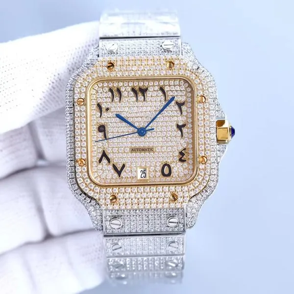 Diamond Mens Fashion Square Dial Watch Automatische Uhren Moissanite Designer Uhren 904L Edelstahlarmband Sahire Glass wasserdicht oder