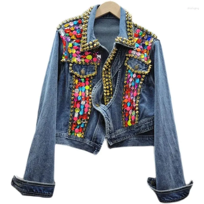 Women's Jackets Nail Beaded Women Heavy Industury Colorful Diamonds Denim Coat Female Autumn 2023 Loose Jacket