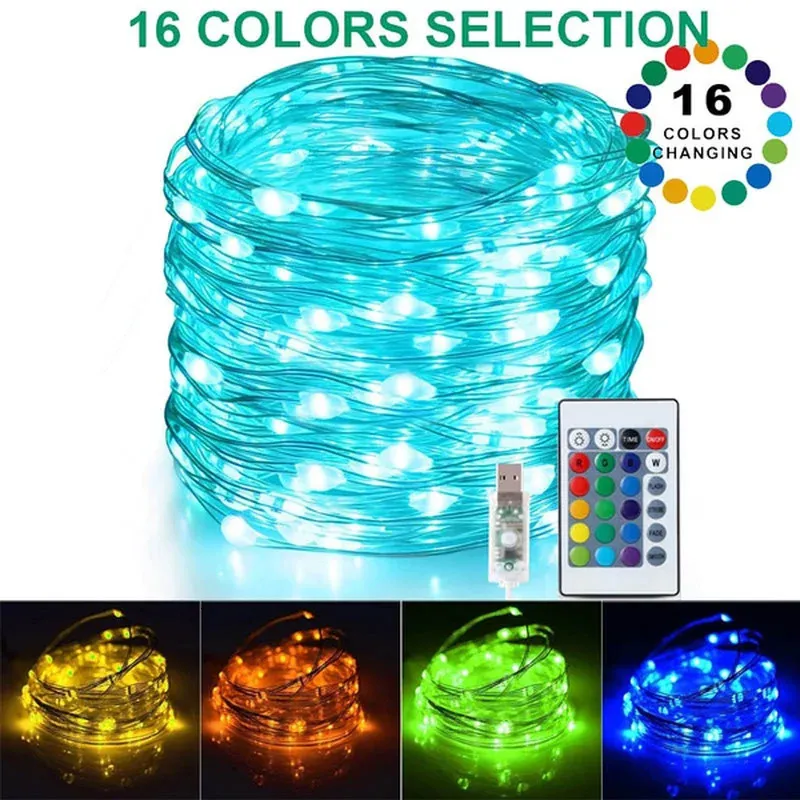 Décorations de Noël Guirlandes lumineuses à brancher sur chaîne 16 couleurs changeantes USB LED avec télécommande pour mariage intérieur Decro 231019