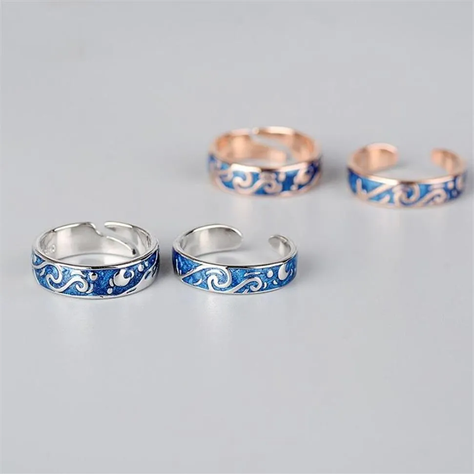 Smycken S925 Sterling Silver Couple Rings Starry Night Open Rings Famous Paiting Special Fashion317U