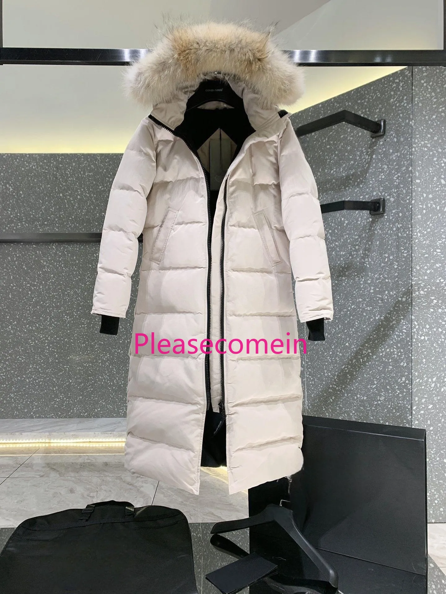 Designer canadien manteau long pour femme sur le genou à capuche doudoune coupe-vent hiver chaud veste épaisse femme hiver duvet d'oie manteau matériel taille xs-xl