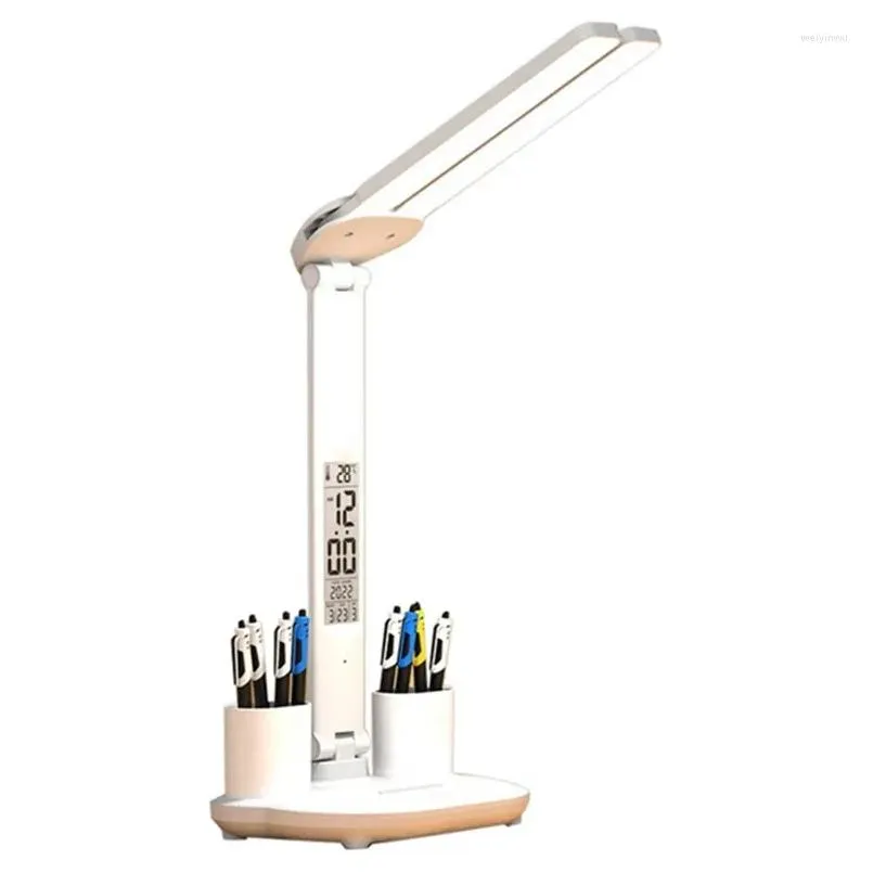 Настольные лампы Настольные лампы Светодиодная настольная лампа USB с регулируемой яркостью Сенсорный складной с календарем Температурные часы Ночной светильник для учебы Лампы для чтения Dhifj