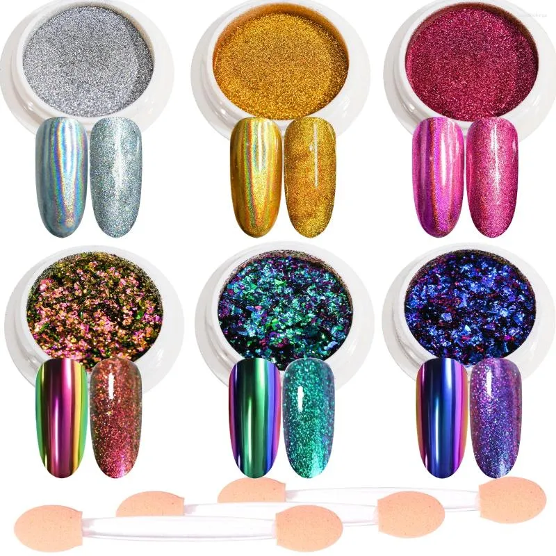 Nail Glitter 6st/Set Chameleon Opal Flakes Chrome Mirror Aurora Yuki Sparkly paljetter Pigment för Gel Polish Manicure Powder Net 0.2G