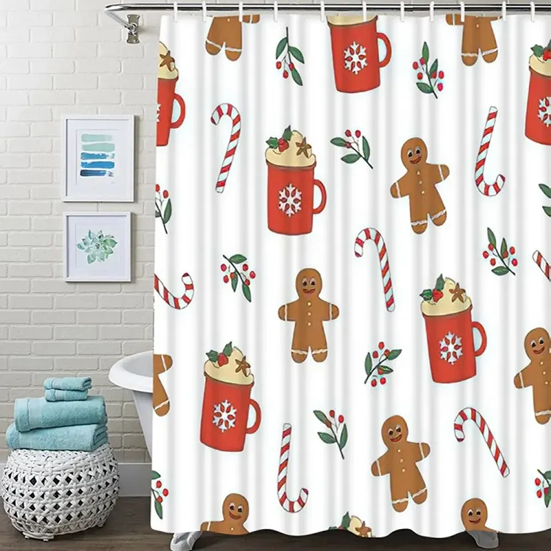 Christmas Gingerbread Man Shower Curtain Waterproof Xmas Theme Bathroom Polyester Fabric Bathroom Decor