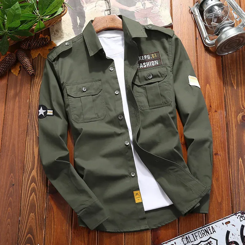 Men's Casual Shirts Military Shirt Cotton Khaki Retro Slim Fit with Pocket Long Sleeve Vintage Jacket Streetwear Drop 231020