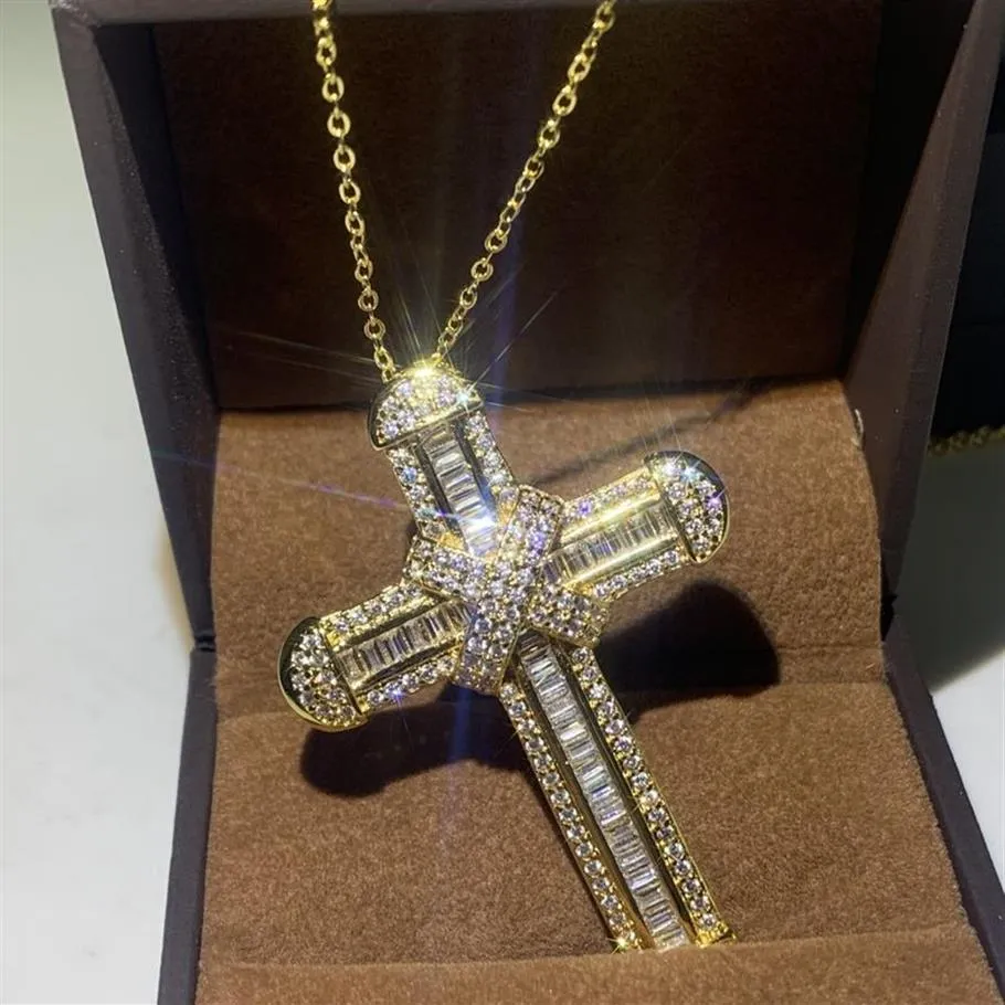 Scintillanti grandi sconti Deluxe gioielli in argento sterling 925, riempimento in oro, taglio principessa, diamanti CZ, pietre preziose, pendente a croce, collana da donna2639