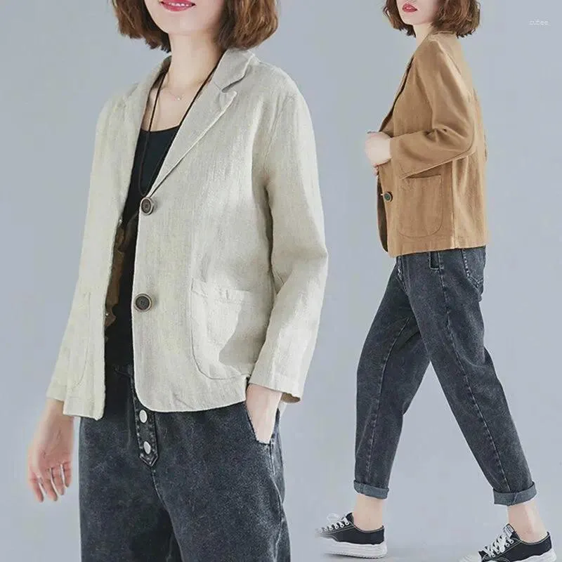 Women's Suits Women Blazer Jacket Cotton Linen Thin Short Loose Spring Summer Autumn Retro Vintage Fashion Casual Black White Beige Khaki