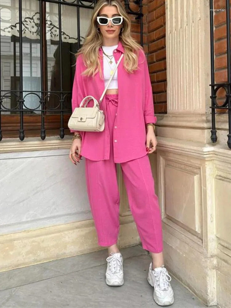 Womens Casual Two Piece Shirt And Pants Set Loose Fit, Long Sleeved,  Fashionable Pink Trouser Pants Suit With Wide 2 Layer Pants From  Misnertier, $23.23