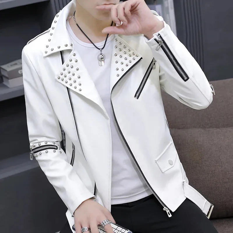 2024 Mens Slim Fit Faux Leather HOO Jacket With Rivet 2024 Mens Slim Fit Faux Leather HOO Jacket With Rivet