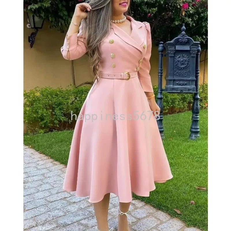 Vestidos de trabalho manga bufante duplo breasted cinto blazer vestido para mulheres elegante de alta qualidade uma linha midi liso