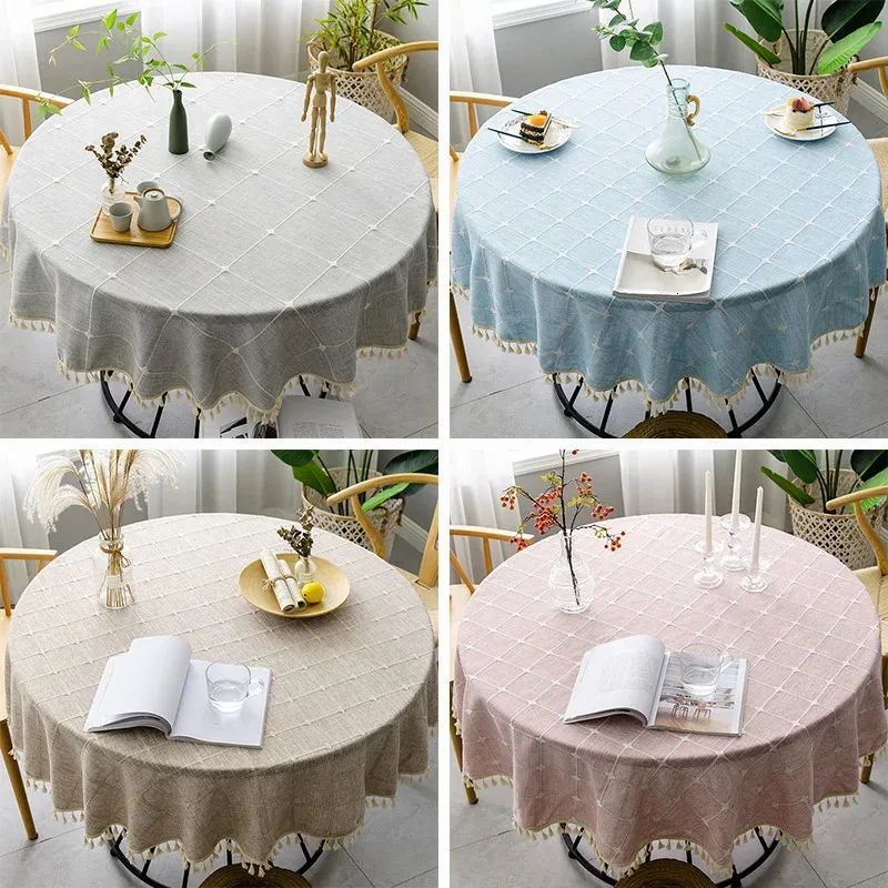 Nappe ronde en lin uni avec housse à pampilles, pour salle à manger, café, salon, maison, Obrus Tafelkleed, manteau de mesa 231019