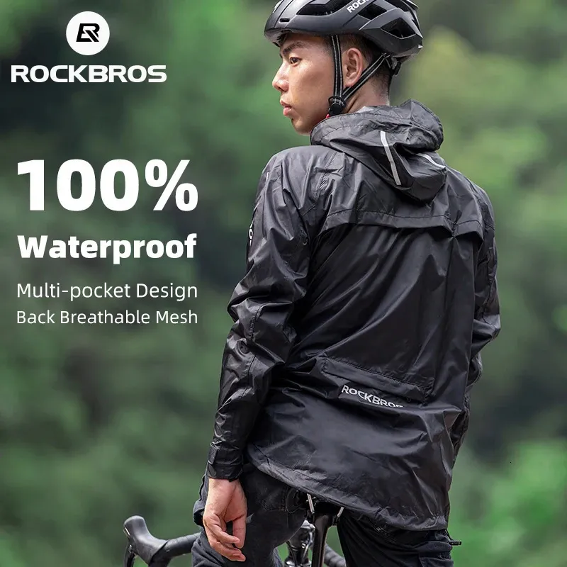 Cykeljackor Rockbros Waterproof Cycling Rain Coat Män Beteckningsbar vindtät reflekterande huva Rainrock utomhus Sport Windbreaker Jacket 231019